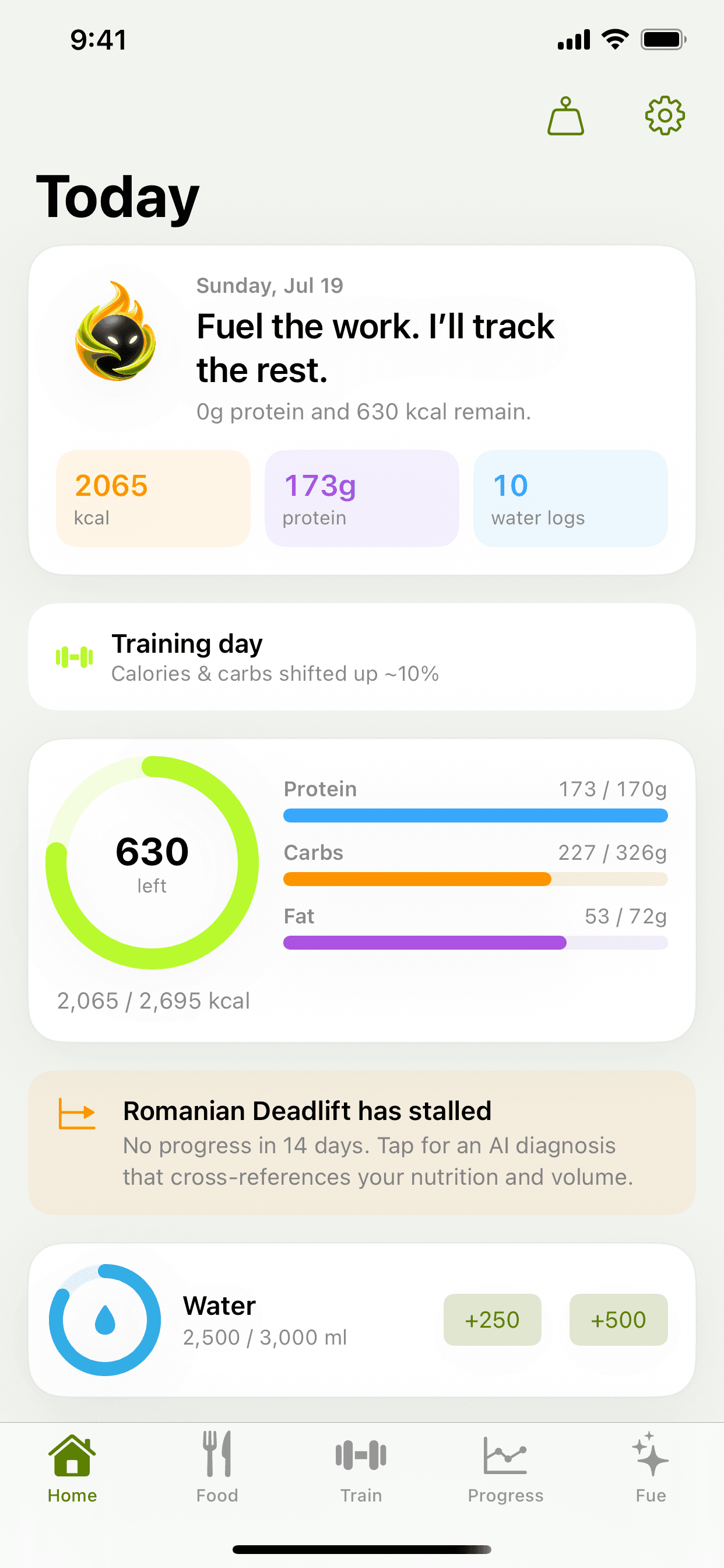 FueLift Today dashboard showing calories, protein, water, and training insights