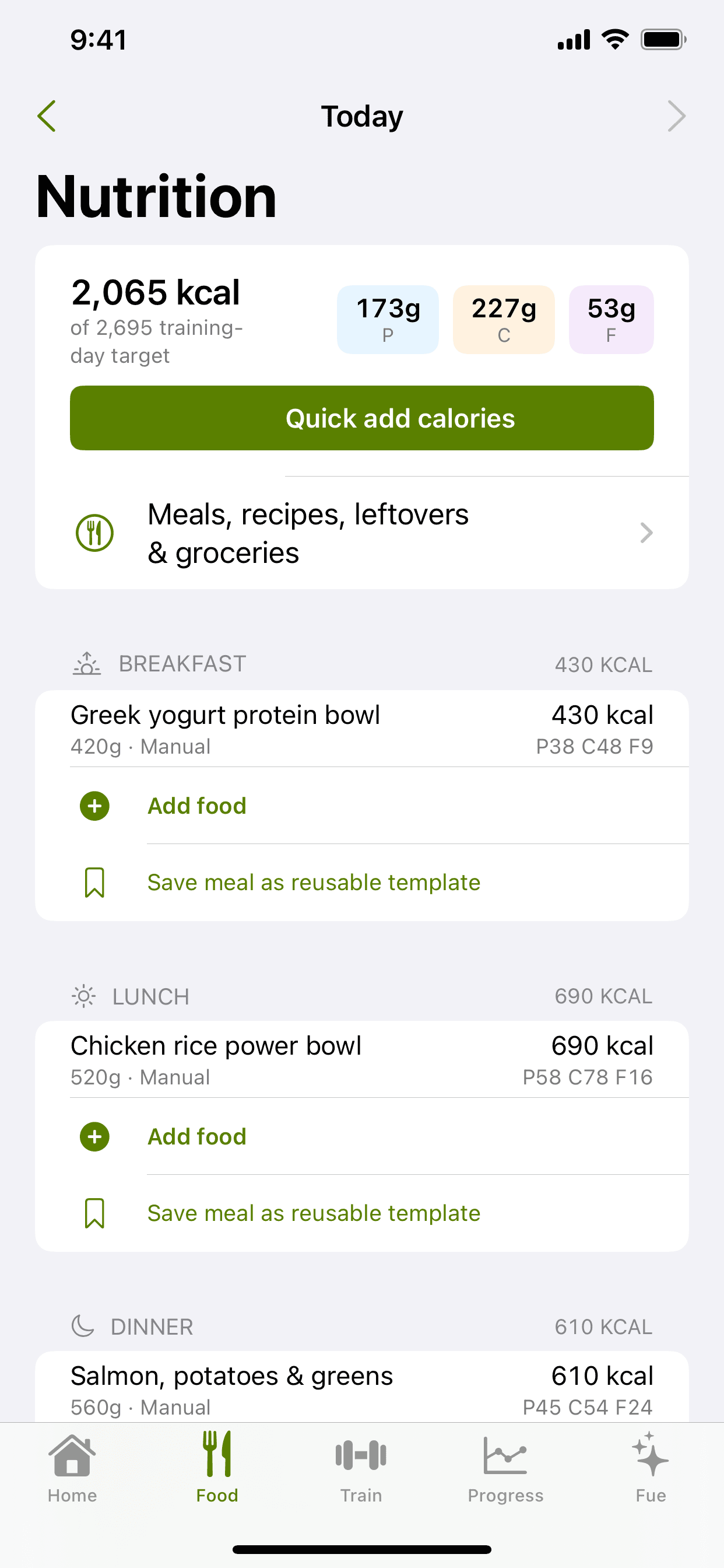 FueLift nutrition log